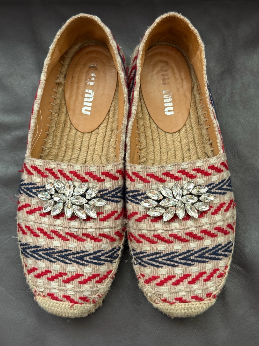 Miu Miu Beige Espadrilles with Red & Navy Stripe and Crystal Brooch 37 Size